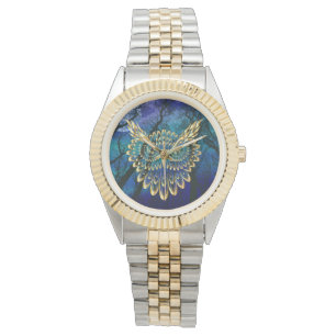 Reloj De Pulsera Lechuza dorada frente al bosque por la noche