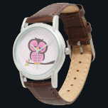 Reloj De Pulsera Lechuza Rosa Cuta<br><div class="desc">Elegante reloj personalizado presenta un ilustracion vectorial dulce de un búho encaramado en una rama de árbol sobre un fondo de patrón de puntos de polka. Babystar Design en mygrafico.com</div>