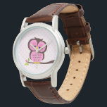 Reloj De Pulsera Lechuza Rosa Cuta<br><div class="desc">Elegante reloj personalizado presenta un ilustracion vectorial dulce de un búho encaramado en una rama de árbol sobre un fondo de patrón de puntos de polka. Babystar Design en mygrafico.com</div>
