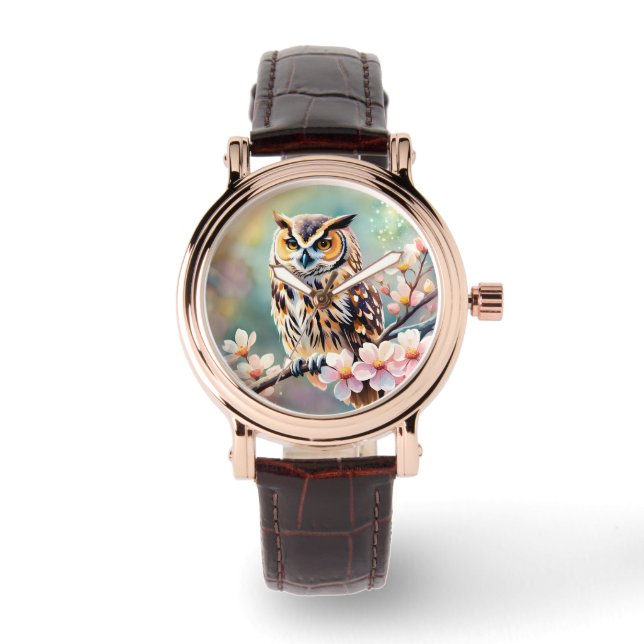 Reloj De Pulsera Lechuza Springtime, flores rosas (Anverso)