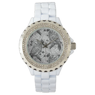 Reloj De Pulsera Lechuzas en el roble, negro y blanco