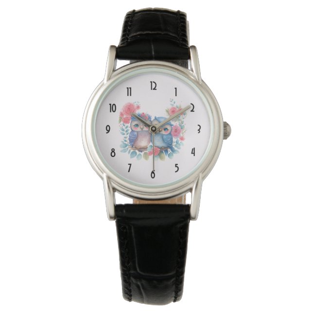 Reloj De Pulsera Lechuzas enamoradas sentadas en una rama de árbol (Anverso)