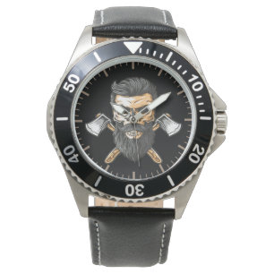 Reloj De Pulsera Leñador Cráneo Barbudo Hachas Cruzadas