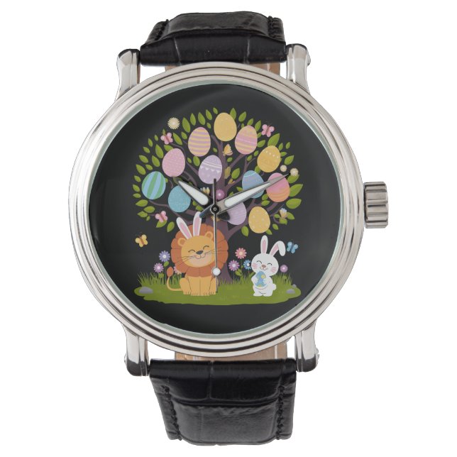 Reloj De Pulsera Leon Bunny Easter Cute Tree Hunting Eggings (Anverso)