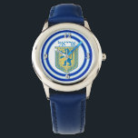 Reloj De Pulsera León de Judá Emblem Ariel Hebreo<br><div class="desc">El reloj de la correa de cuero azul de acero inoxidable de los niños con una imagen de un León azul y amarillo del emblema de Judah sobre blanco con bordes azul claro y azul oscuro y "Ariel" en hebreo con letras azules encima. Cara de reloj plateado opcional. Vea botón...</div>