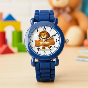 Reloj De Pulsera León juguetón con placa de nombre de madera