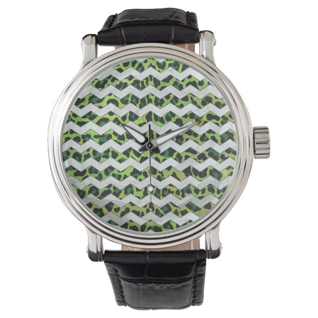 Reloj De Pulsera Leopardo Chevron Impresión negra y verde (Anverso)