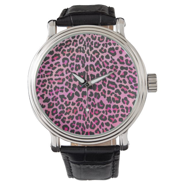 Reloj De Pulsera Leopardo de impresión negro y rosa caliente (Anverso)