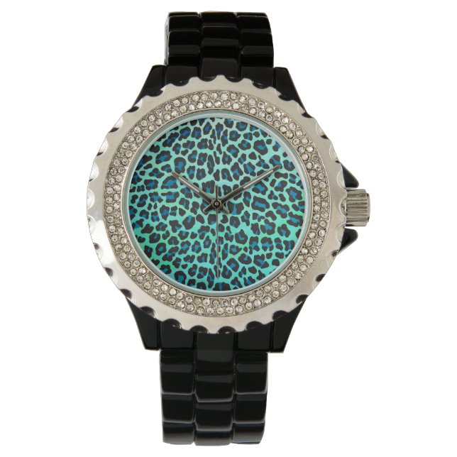 Reloj De Pulsera Leopardo negro e impresión Verde azulada (Anverso)