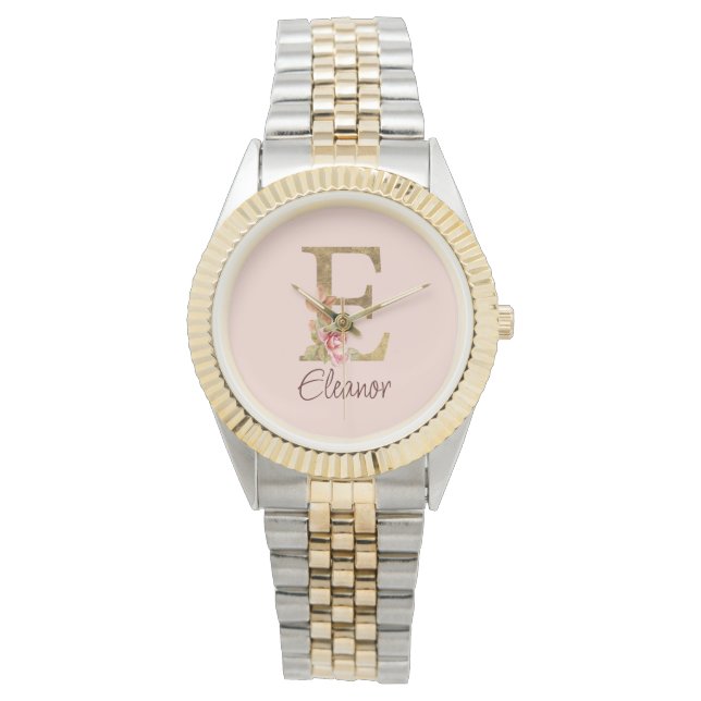 Reloj De Pulsera Letra de nombre personalizado E de lámina de oro r (Anverso)