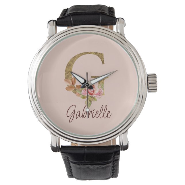 Reloj De Pulsera Letra de nombre personalizado G Lámina dorada Rosa (Anverso)