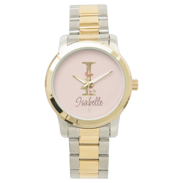 Reloj De Pulsera Letra de nombre personalizado I Rosas rosadas con  (Anverso)