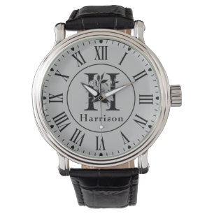 Reloj De Pulsera Letra floral gris y negra monograma H Personalizad