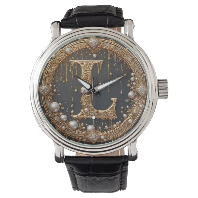 Reloj De Pulsera Letra Inicial Monograma Dorado L (Anverso)
