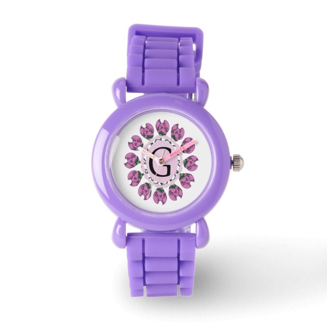 Reloj De Pulsera Letra mayúscula G monograma floral (Anverso)