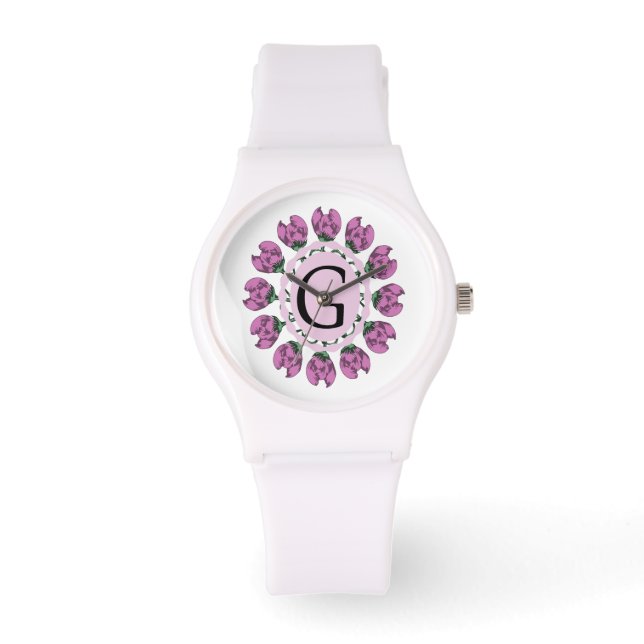 Reloj De Pulsera Letra mayúscula G monograma floral (Anverso)