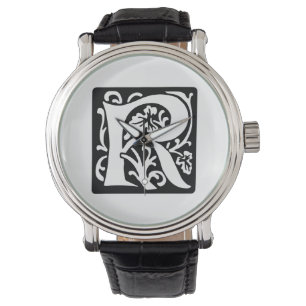 Reloj De Pulsera Letra medieval R Monograma negro y blanco