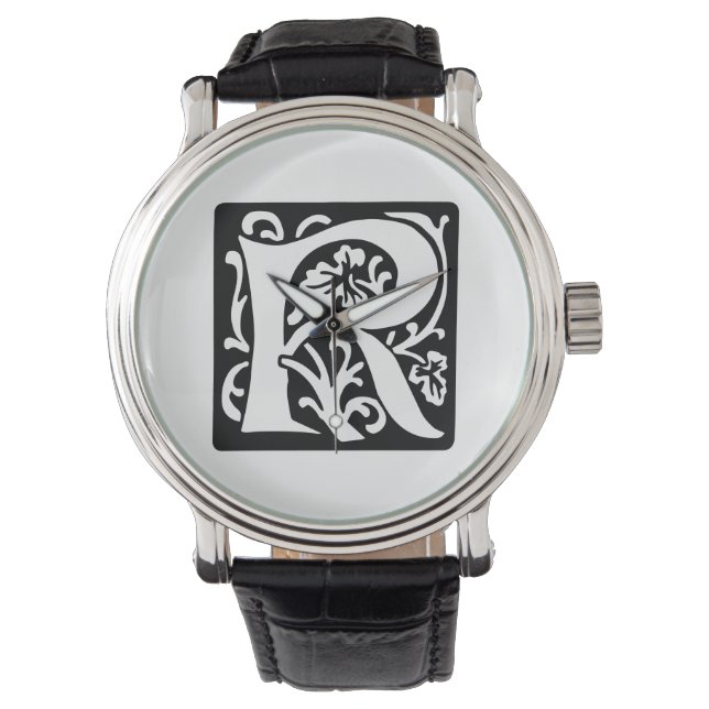 Reloj De Pulsera Letra medieval R Monograma negro y blanco (Anverso)
