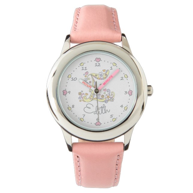 Reloj De Pulsera Letra monograma E corazones y flores Edith persona (Anverso)