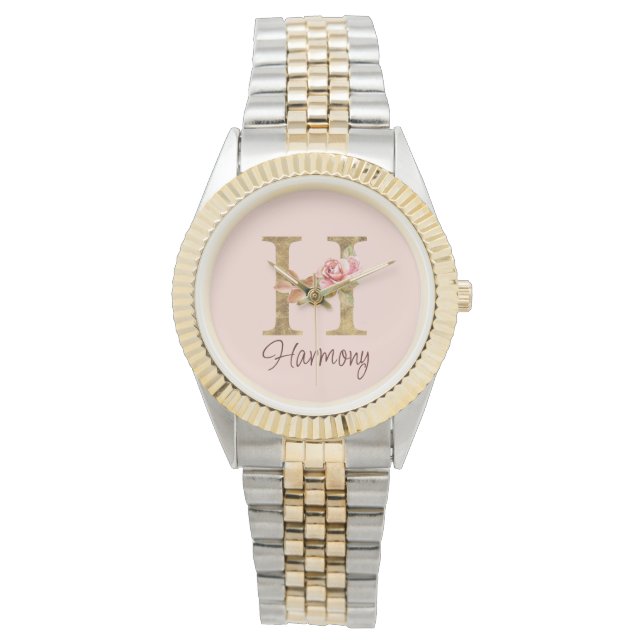 Reloj De Pulsera Letra personalizada H Hoja de Oro Rosas Rosa Beige (Anverso)