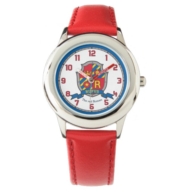 Reloj De Pulsera Letra R Rufus personalizado escudo león rojo azul  (Anverso)
