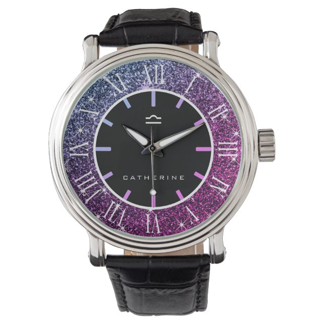 Reloj De Pulsera Libra Zodiac Rótulo Lujo Purpurina Púrpura Rosa (Anverso)