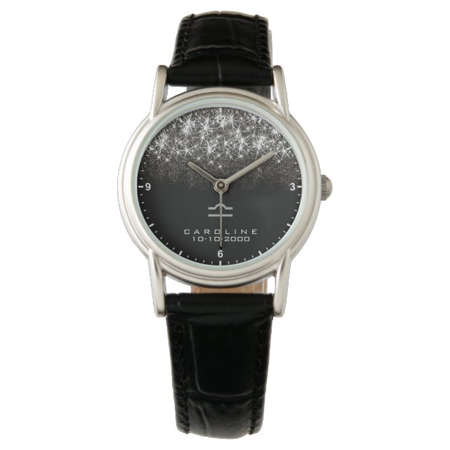 Reloj De Pulsera Libra Zodiac Rótulo Plata Purpurina Estrellas Fech (Anverso)