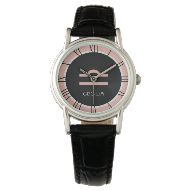 Reloj De Pulsera Libra Zodiac Rótulo Rosa Nombre personalizado rosa (Anverso)