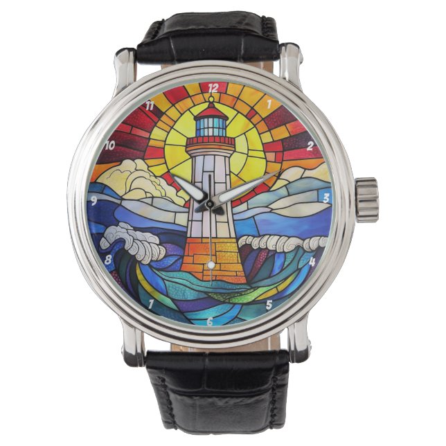 Reloj De Pulsera Lighthouse Waves Sunset Stained Glass (Anverso)