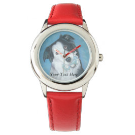 Reloj De Pulsera lindaje lindo perro collie con oso de peluche azul