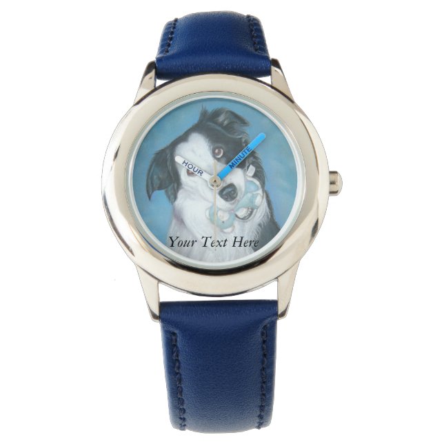 Reloj De Pulsera lindaje lindo perro collie con oso de peluche azul (Anverso)