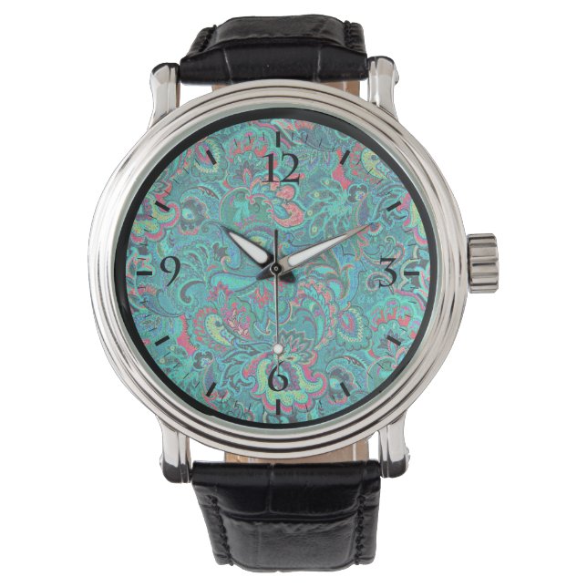Reloj De Pulsera Lindo floral turquesa vintage (Anverso)