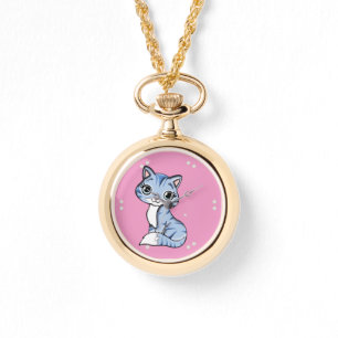 Reloj De Pulsera lindo gato azul en rosa