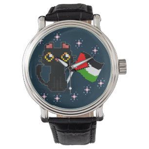 Reloj De Pulsera lindo gato negro sostiene bandera palestina