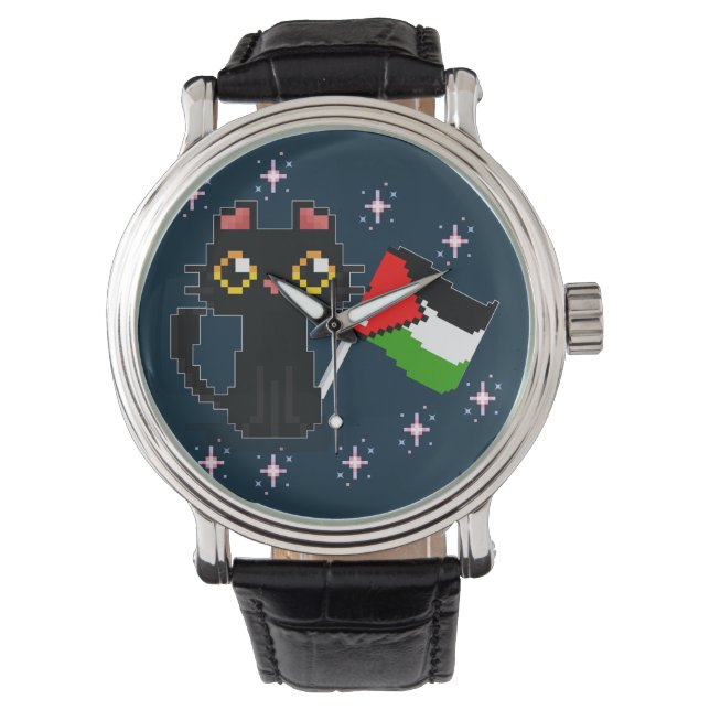 Reloj De Pulsera lindo gato negro sostiene bandera palestina (Anverso)