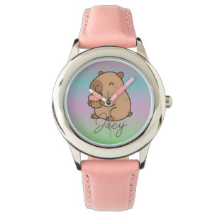 Reloj De Pulsera Lindos niños Capybara comiendo pastelitos Arcoíris