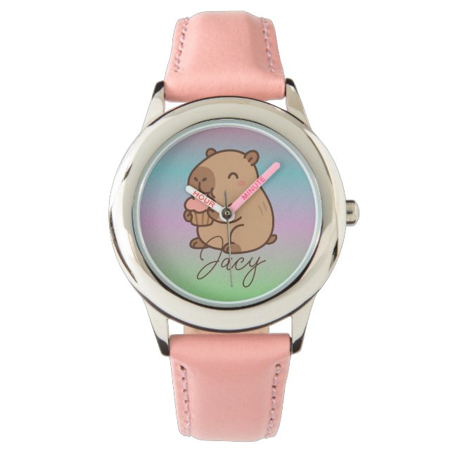 Reloj De Pulsera Lindos niños Capybara comiendo pastelitos Arcoíris (Anverso)
