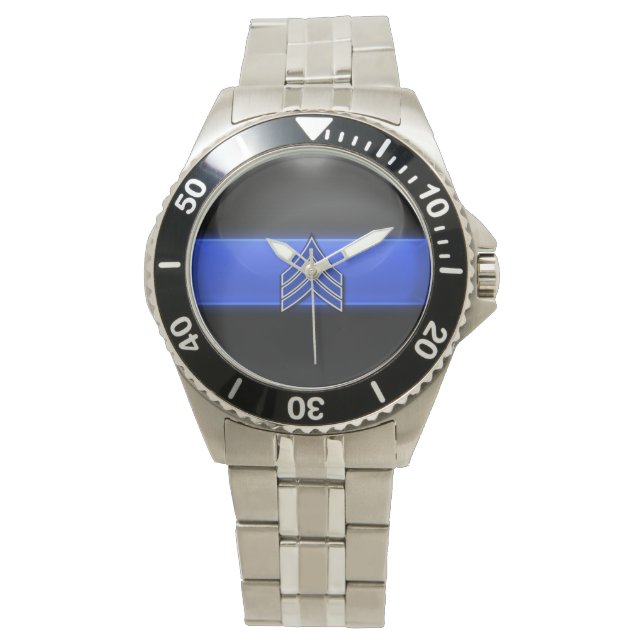 Reloj De Pulsera Línea Azul delgada - franjas de sargento azul/blan (Anverso)