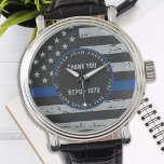 Reloj De Pulsera Línea Azul delgada - Jubilación - Gracias Policía<br><div class="desc">Celebren y muestren su agradecimiento a un destacado oficial de policía con esta delgada línea azul Gracias Observador de la Policía - Diseño de la bandera estadounidense con colores de la bandera de la policía , diseño angustiado . Perfecto para premios de servicio y regalos de jubilación de la policía....</div>