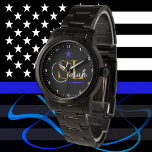 Reloj De Pulsera Línea Azul delgada - Nombre y firma monogramados<br><div class="desc">Watch: Delgado reloj personal de la línea azul de los Estados Unidos / temática policial con nombre moderno "Monogramado". Personalizar para usted,  su colega,  amigos y familia. Perfecto para ascensión/promoción,  premio de servicio largo,  retiro.</div>