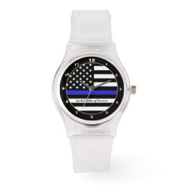 Reloj De Pulsera Línea Azul delgada y policía de bandera estadounid