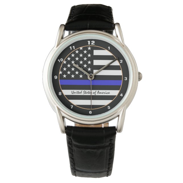 Reloj De Pulsera Línea Azul delgada y policía de bandera estadounid (Anverso)