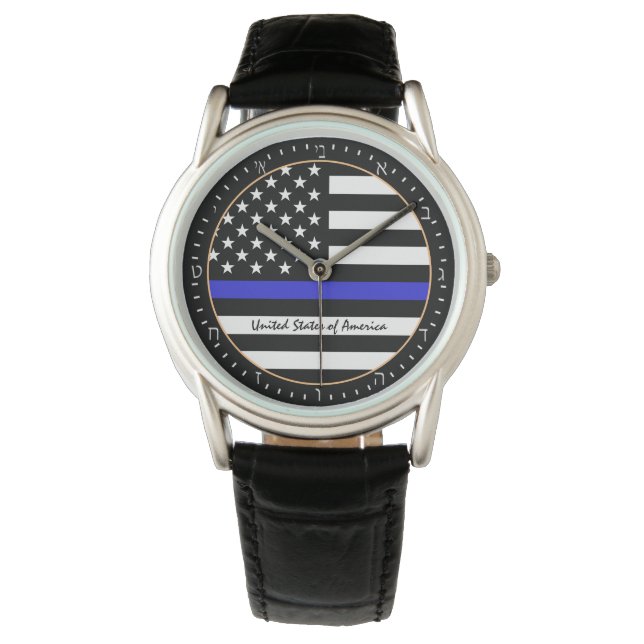 Reloj De Pulsera Línea Azul delgada y policía de bandera estadounid (Anverso)