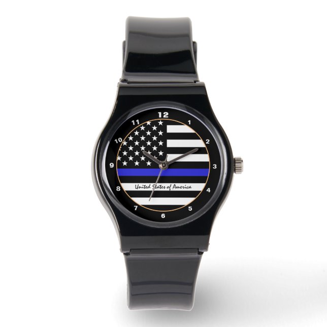 Reloj De Pulsera Línea Azul delgada y policía de bandera estadounid (Anverso)