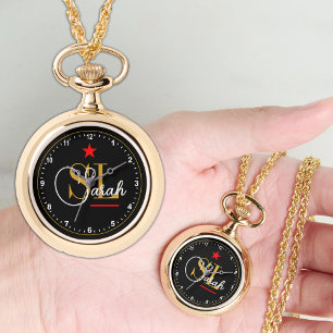 Reloj De Pulsera Línea roja delgada, nombre monogramado dorado y fi