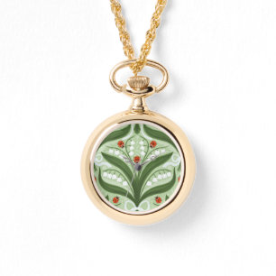Reloj De Pulsera Lirio de los valles y mariquitas simetría en verde
