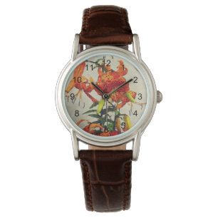 Reloj De Pulsera Lirio Tigre Acuarela Naranja 1