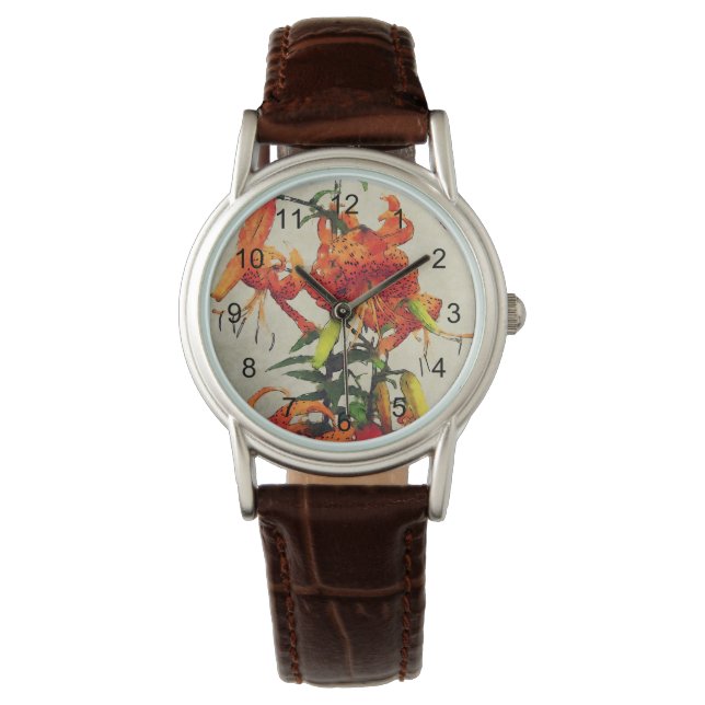 Reloj De Pulsera Lirio Tigre Acuarela Naranja 1 (Anverso)