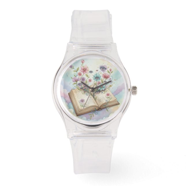 Reloj De Pulsera Literary Bloom: Open Book & Wildflower Psychedelic (Anverso)