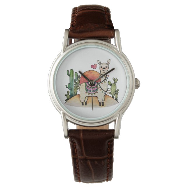 Reloj De Pulsera Llama acuarela con cactus (Anverso)